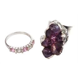 Modernist amethyst crystal ring by Jacob Hull For Buch And Deichmann Denmark, similar necklace by Buch And Deichmann, silver blue topaz bangle, silver ingot both hallmarked, silver stone set ring stamped 925 and a silver marcasite boat brooch stamped 835 (6)