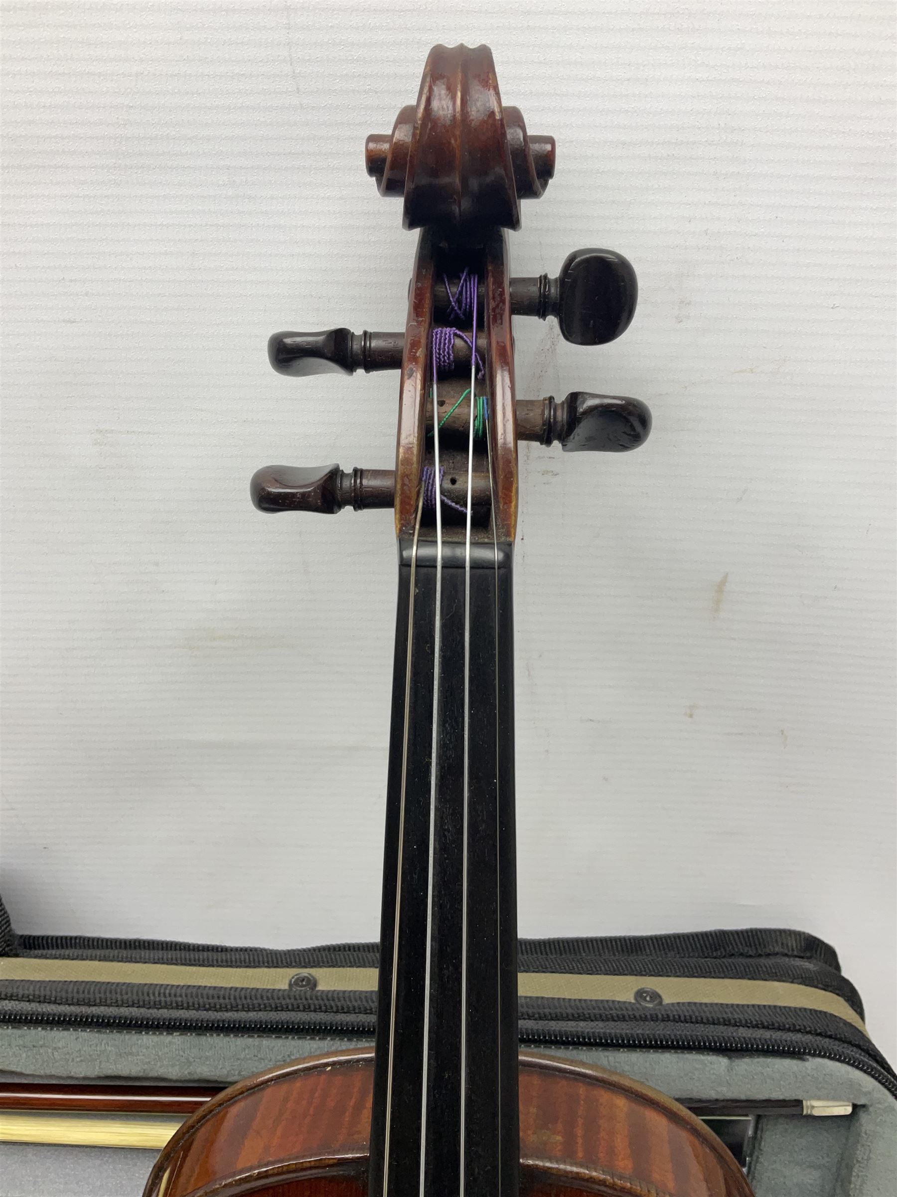 Early 20th century French Mirecourt violin with 35.5cm two-piece maple back and ribs and spruce top; bears label 'The Garrodus Violin H & Co No.1587 Anno 1912' L59cm overall; in modern fitted case with bow