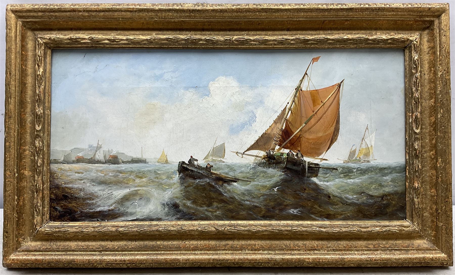 George Knight (British fl.1872-1892): Fishing off the Yorkshire Coast, oil on canvas signed 19cm x 39cm