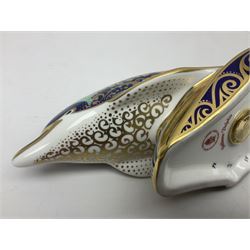 Three Royal Crown Derby paperweights, comprising Bottlenose Dolphin, Baby Bottlenose Dolphin and Striped Dolphin, all with gold stoppers 