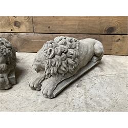 Pair of small cast stone sleeping Trafalgar Lions