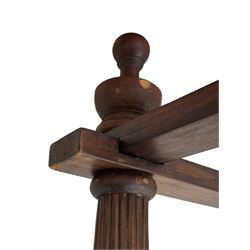 Georgian design Indian sheesham hardwood framed four poster bed, lattice slats to the top supported by reeded cylindrical and octagonal column uprights, the pierced stepped headboard carved with floral motifs, with associated mattress