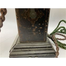 Early 20th century Danish desk telephone inscribed The Ericsson Bell Telephone Co. Glasgow to one side and Aktieselskabet Electrisk Bureau Kristiansand to the other, ebonised wooden top with handset on brass cradle. black japanned tin centre section bearing Hull Corporation Telephones Department crest, side cranking handle and ebonised wooden base H30cm  