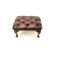Rectangular studded footstool upholstered in deep buttoned brown leather, cariole supports 