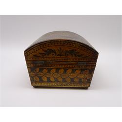 Early 19th century penwork sewing box, the domed cover with twin handles decorated with landscape panel, within various foliate and stylised borders, upon four compressed bun feet, H13cm W17.5cm D17cm