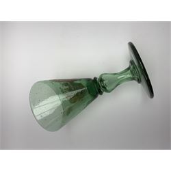 19th century bohemian green glass wine glass, the funnel bowl decorated in enamells with a Historismus hunting scene in the manner of Egermann & Lobmeyr, upon a baluster stem and circular foot, H14.5cm