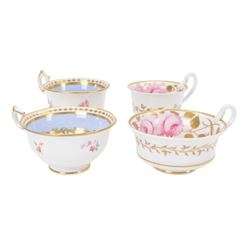 Minton trio, coffee cup, teacup and saucer, circa 1824, moulded ribbed detail, distinctive 'N' handle, painted in pattern no 139, with floral sprays and lilac blue band, coffee cup including handle H8cm, saucer D14cm, together with a Spode trio, coffee cup, teacup and saucer, circa 1830, decorated in the 3886 pattern, painted with pink cabbage roses and heightened with gilt, coffee cup including handle H8cm, saucer D15cm