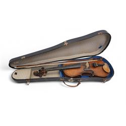 Violin with two piece back and scroll neck with bow in case