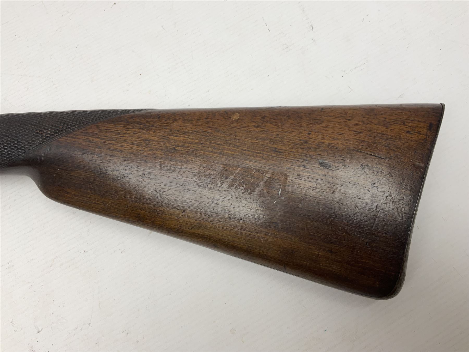 19th century take down 'cripple stopper' single barrel percussion gun, removable walnut stock with bayonet style fitting, chequered grip and fore-end, approximately 8-bore, the 59.5cm (23