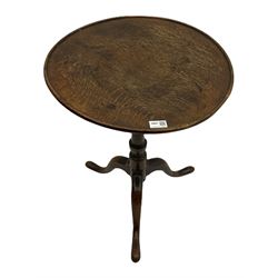 Georgian oak tripod table, turned pedestal base, dished top