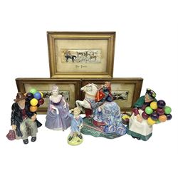  Four Royal Doulton figures, to include The Broken Lance HN 2041, The Old Balloon Seller HN 1315, The Balloon Man HN 11954 and Little Boy Blue HN 2043, together with a Coalport Ladies of Fashion figure Regina and three framed hunting silk needle works