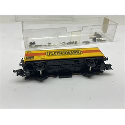 Fleischmann ‘N’ gauge ‘Piccolo’ - sixteen carriages, wagons and cars comprising nos. 8051, 8052, 8055, 8064, 8119K, 8127, 8128, 8129, 8202, 8211, 8224, 8240, 8281, 8301, 8500, 9372; along with Minitrix N503 Shock Van and 13576 6 ton Mineral Wagon; boxed and loose (18) 