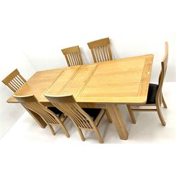 Oak extending dining table, curved stile supports (L250cm, W100cm, H78cm) and set of six upholstered dining chair (W46cm)