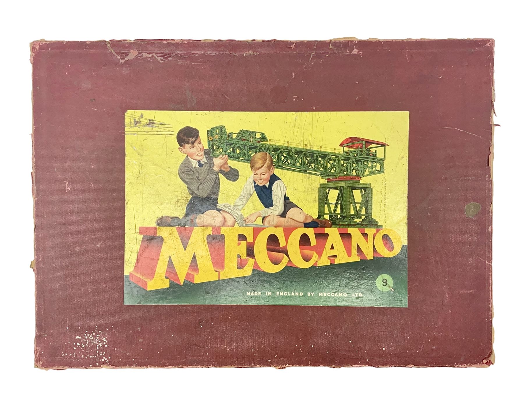 Meccano Outfit No.9 - with good quantity of red and green plates, strips, wheels, brackets, trunnions, tyres, cylinders etc; original box with lift-out tray and instruction manual