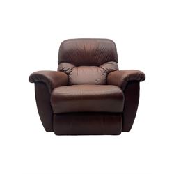 La-Z-Boy - manual reclining three piece suite - two seater sofa (W165cm, H105cm); and two armchairs (W98cm), upholstered in brown leatherette