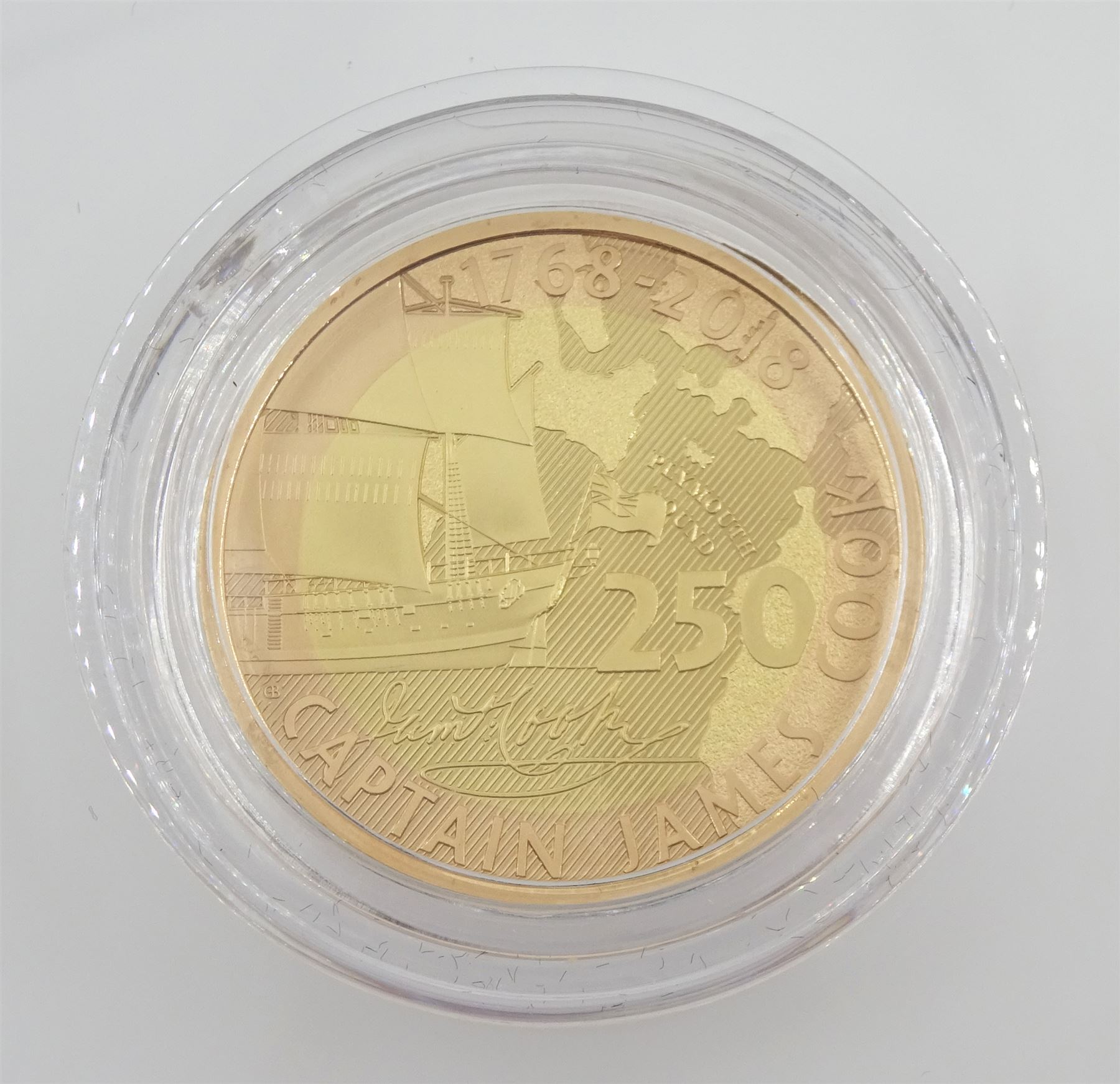 Captain Cook gold proof three coin series, comprising 2018, 2019 and 2020 dated gold proof two pound coins, all three housed together in a Royal Mint presentation box, the individual boxes and certificates are also present