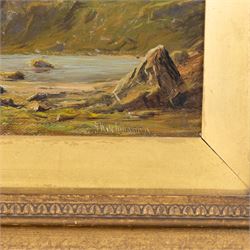 Joseph Kitchingman (British 1841-1915): 'Head of the Tarn - Wetherlam Cumberland', oil on canvas laid on panel signed, with original title label verso 16cm x 24cm 