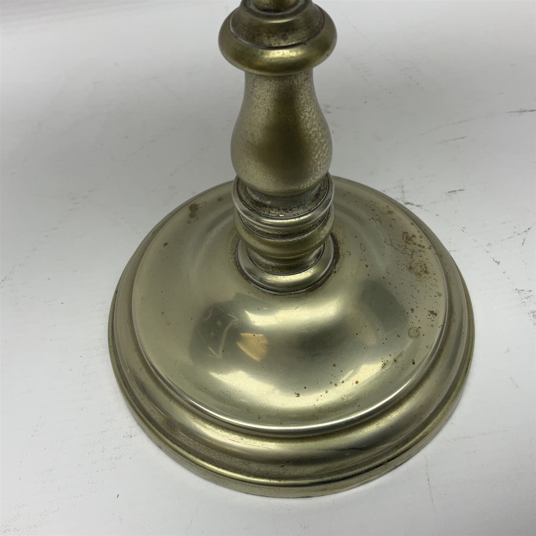 Miller & Sons Piccadilly polished brass double adjustable student's oil lamp, with green glass shades, H52cm