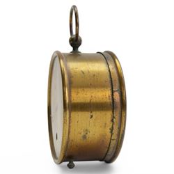 French- late 19th century desktop aneroid barometer in a circular gilt metal case with carrying ring, 3.5 inch paper printed register with predictions and barometric air pressure, with a steel indicating hand and brass recording hand, adjustment screw to the rear.