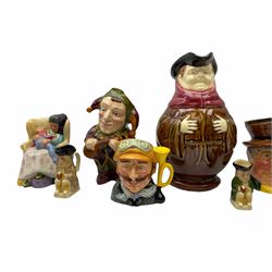 Character and toby jugs, including a staffordshire pottery style toby jug, Olfaire toby jug, Beswick character jug depicting Scrooge, Royal Doulton Veteral Motorist etc, together with Royal Doulton Sweet Dreams figure. 