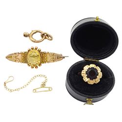 Victorian gold Etruscan revival citrine brooch, Chester 1891, gold single stone garnet flower ring and a rose gold clasp, all 9ct