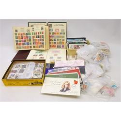  Collection of Great British and World stamps and postcards including Japanese stamps, India, Mexico, stamps in albums and loose, presentation packs, FDCs, various modern postcards etc, in one box  