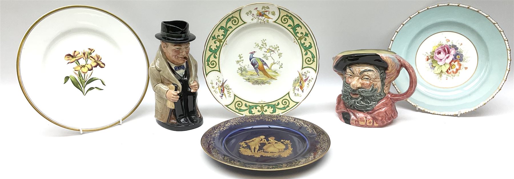 Royal Doulton toby jug of Winston Churchill H23cm and large character jug of Falstaff; together with four collector's plates by Royal Crown Derby, Royal Worcester and Limoges (6)