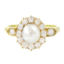 Early 20th century 18ct gold pearl and diamond cluster ring, single white / grey pearl, su...