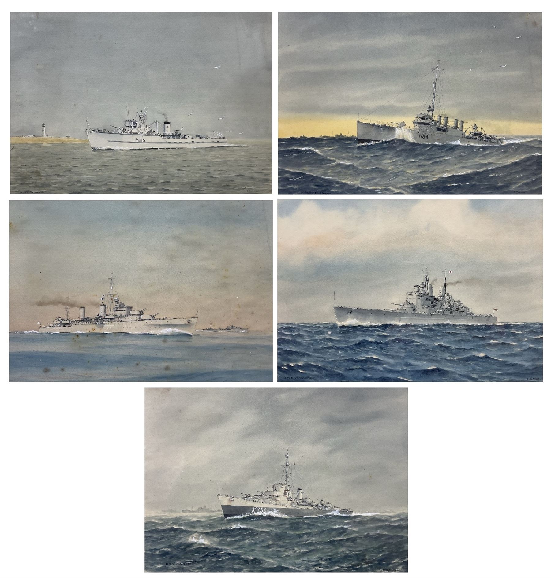Commander Eric Erskine Campbell Tufnell RN (British 1888-1979): 'HMS Essington', 'HMS Vanguard', 'HMS Galatea', 'HMS Humber', and 'HMS Burnham', set five watercolours heightened in white signed and titled 26cm x 37cm (5)