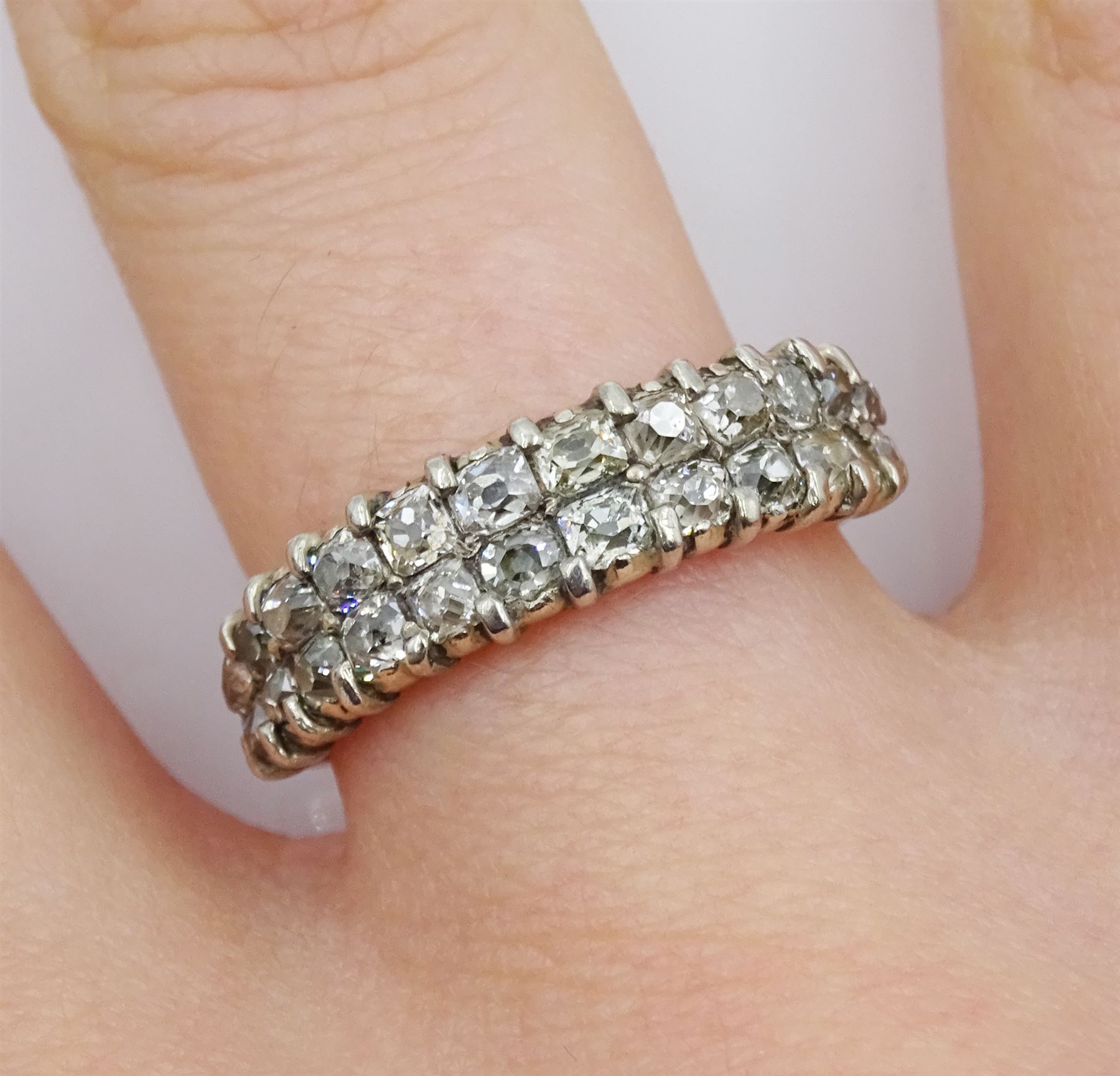 19th century gold and silver two row old cut diamond ring, the inner shank inscribed 'Catherine Tracy 1852'
