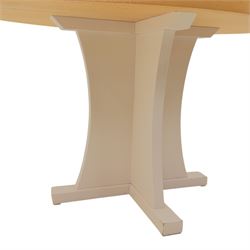 Individual craftsman made maple kitchen dining suite, oval top dining table and contrasting painted pedestal base, together with four adjustable stools with maple top and tubular steel supports (H 48-80cm, W 31cm)