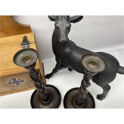 Wooden candle box, together with two barley twist candlesticks, carved duck and other collectables 