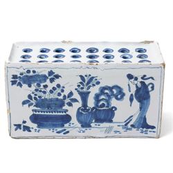 18th century English Delft flower brick, painted with a Chinese figure stood beside antiques, W16.5cm