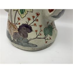 Large Japanese Imari porcelain figure, modelled as a Bijin, wearing a long kimono decorated with apple blossom and leafy branches on a white ground, with gilt detailing, possibly Edo period, H63cm