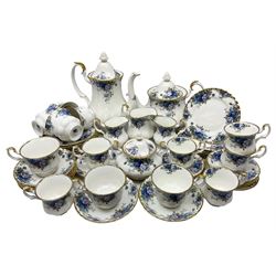 Royal Albert Moonlight Rose pattern tea and coffee service, comprising coffee pot, teapot, covered twin handled sucrier, two milk jugs, cream jug,  six coffee cups and saucers, seven tea cups and saucers and thirteen dessert plates (45)