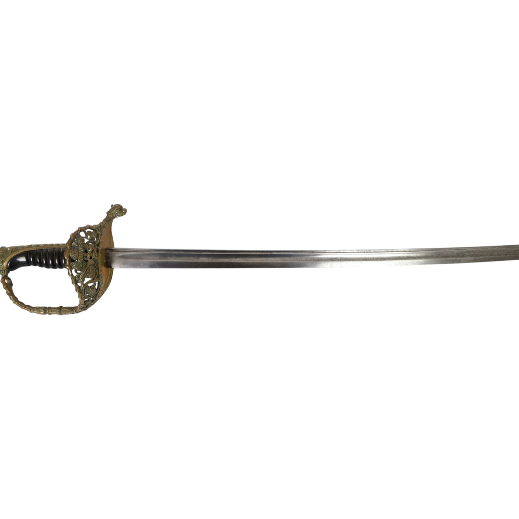 French 1837 pattern officers sword, 70cm single edged blade, with pierced brass hilt, ribbed grip, with brass mounted leather scabbard, L85cm