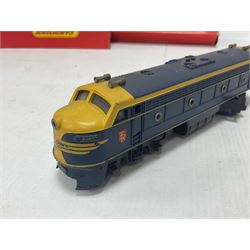 Hornby/Tri-Ang ‘00’ gauge - nine locomotives to include Britannia Class ‘Britannia’ 4-6-2 no.70000 in BR green; Class M7 4-4-0 Tank no.30027 in BR black; Princess Class ‘Princess Victoria’ 4-6-2 no.46205 in BR black; in original boxes; further loose models Princess Class ‘Princess Elizabeth’ 4-6-2 no.46201 in BR green; Class 3F 0-6-0 tank no.7606 in LMS crimson; TR double ended diesel locomotive; three further tank locomotives and one loose tender (10) 