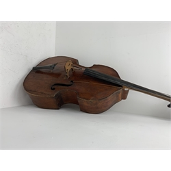  Late 19th century German three-quarter double bass with flat two-piece maple back and ribs, spruce top, Bohemian beech neck and pearwood veneer finger board, H194cm overall  
