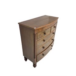Late 19th century mahogany bow-front chest, fitted with two short drawers over three long drawers each with cockbeaded fronts, raised on turned feet
