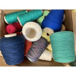  Brother cased knitting machine model KH-890 together with Brother Ribbing attachment model KH-850, knitting machine yarn cones in assorted colours, selection of knitting patterns etc