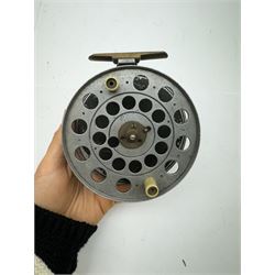 D. Slater, Newark, wood, alloy and brass star-back centre pin reel,  together with three other wooden/alloy reels including Edge Elite, Milbro Pelican and one other 