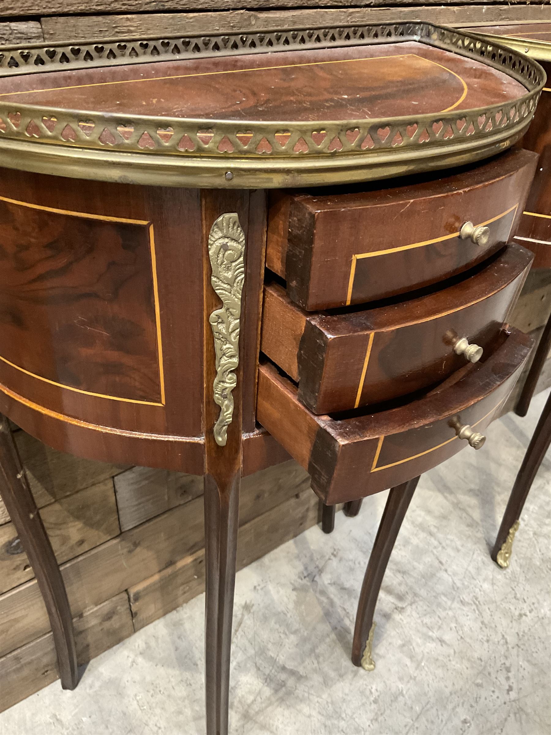 Pair French Louis XVI design demi lune side table, three drawers, on shaped cabriole legs