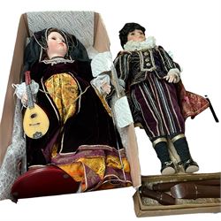 Alberon doll in tudor dress, together with another dressed as Robert Devereux Early of Essex and a Dolmetsch Treble recorder