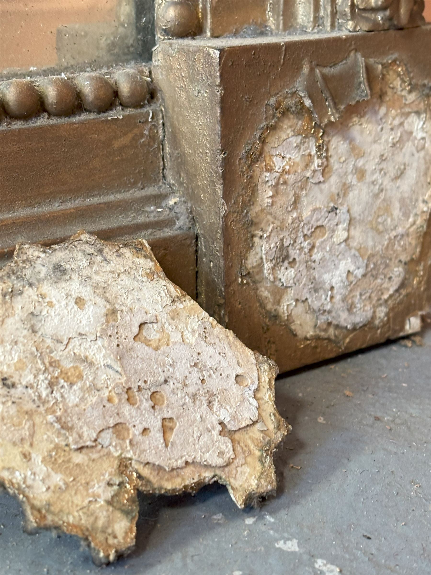 Edwardian giltwood and composition framed upright wall mirror, having a floral boss to each corner united by flowerhead decoration, enclosing an original distressed mirror plate. 193cm x 77cm.  - COLLECTION BY APPOINTMENT FROM: The White House, Thirsk Road, Easingwold, York, YO61 3NF - CALL 01723 507111 TO ARRANGE