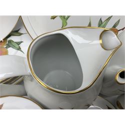 Royal Worcester Evesham pattern tea and dinner wares, to include, three covered tureens of various sizes, coffee pot, two lidded pots, tea cups and saucers of various sizes, two egg cups, round serving platter, five dinner plates, large jug, pair of napkin rings, salt and pepper etc (72)