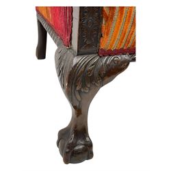 Mid-19th century mahogany two-seat sofa, upholstered in striped velvet fabric, the shaped backrest leading to outward-curved arms, carved apron with scrolling foliate details, raised on cabriole supports terminating in claw and ball feet