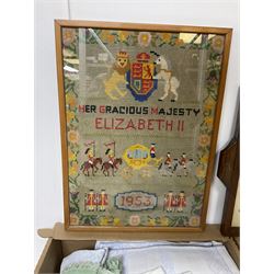 1950s Coronation themed sampler, embroidered wooden tray and a collection of other linens and textiles, in two boxes