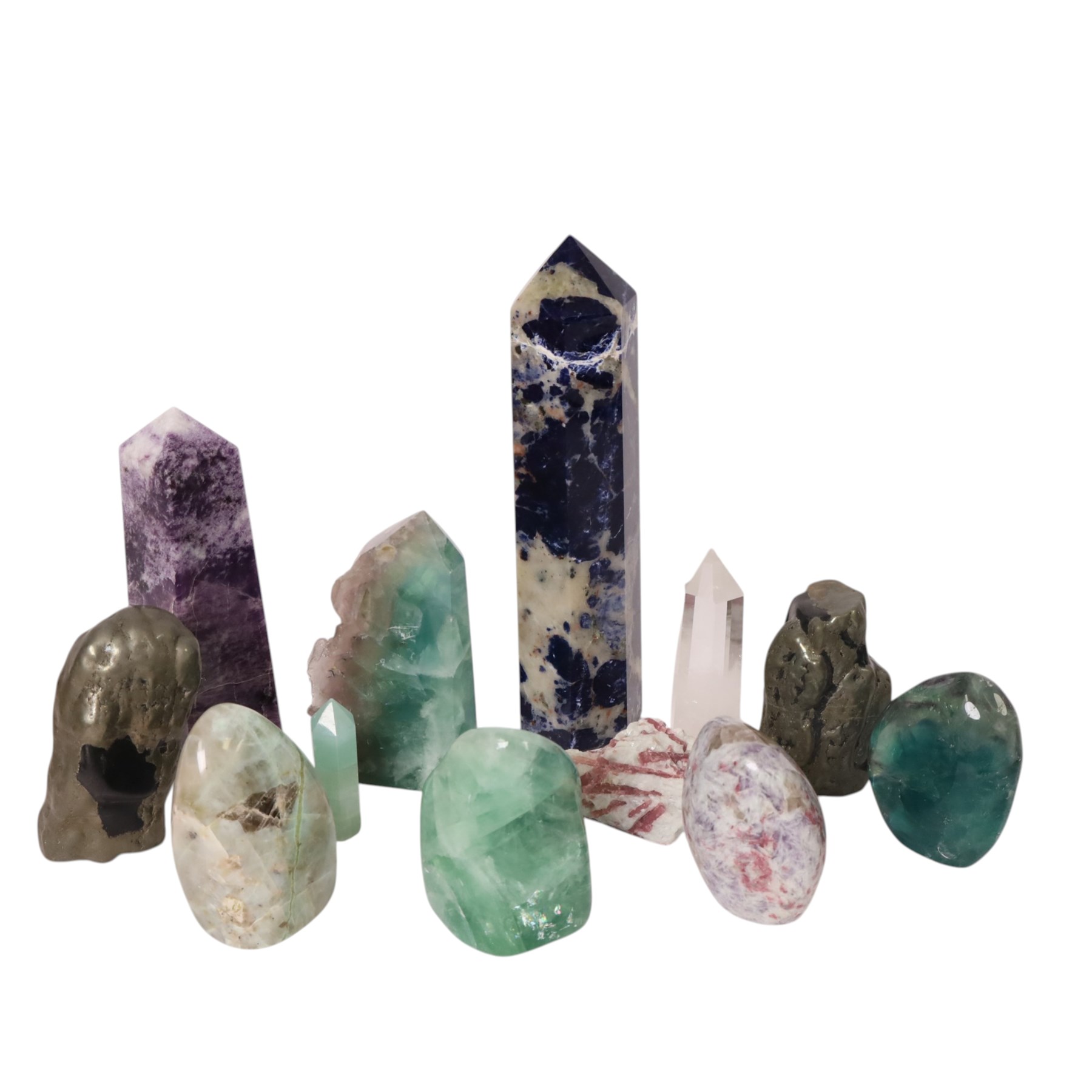 Large sodalite obelisk, together with rubellite specimen, polished fluorite and other polished specimens, sodalite obelisk H25cm  