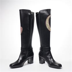Gucci - pair of Dionysus buckled knee-high leather boots, in black with block heels, applied with rhinestone star, moon and heart applique motifs, with the signature silver tone tiger head buckle fastening and full length zip, size 38, total boot height 48cm, unused with original box and dust bags