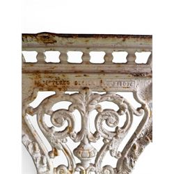 Victorian ornate cast iron garden table, trefoil base with central enclosed column, circular top with later marble, with registration mark